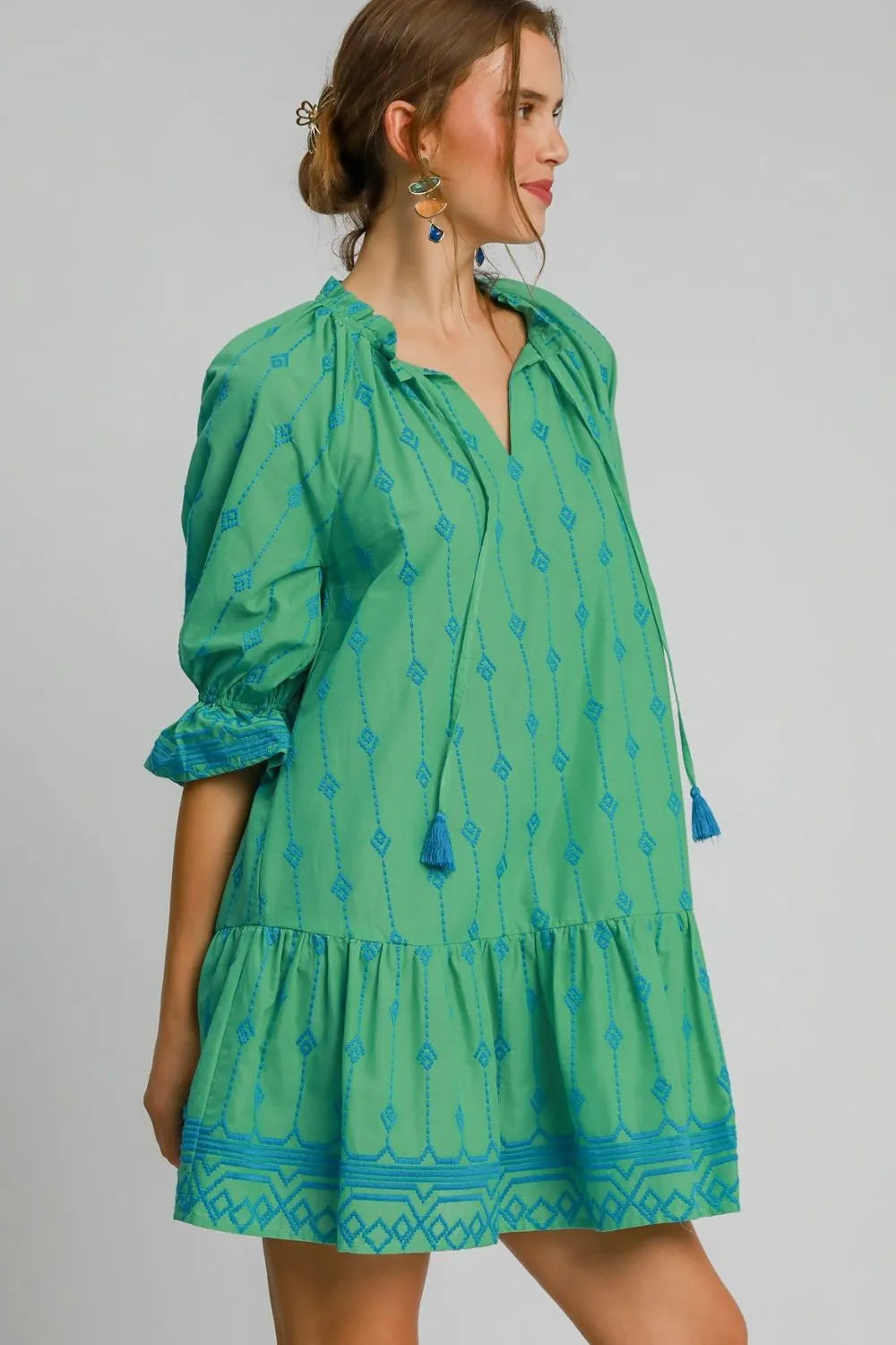 Full Size Tassel Embroidered Flounce Sleeve Mini Dress Plus Size in Green - product view 2