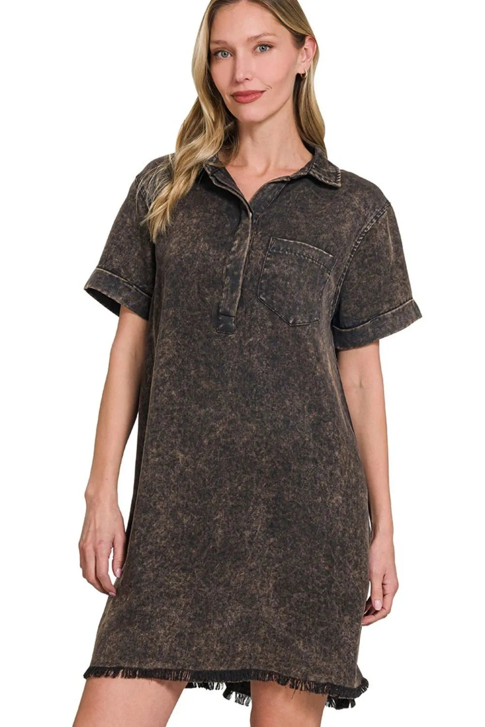 Tencel Mineral Washed Collared Shirts Dress - Ash Black - product view 1