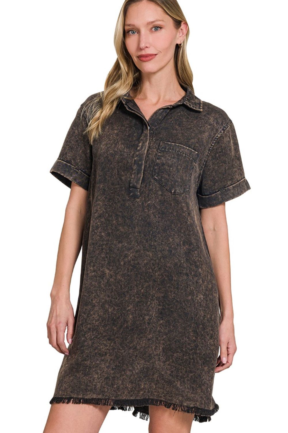 Tencel Mineral Washed Collared Shirts Dress - Ash Black - product view 4