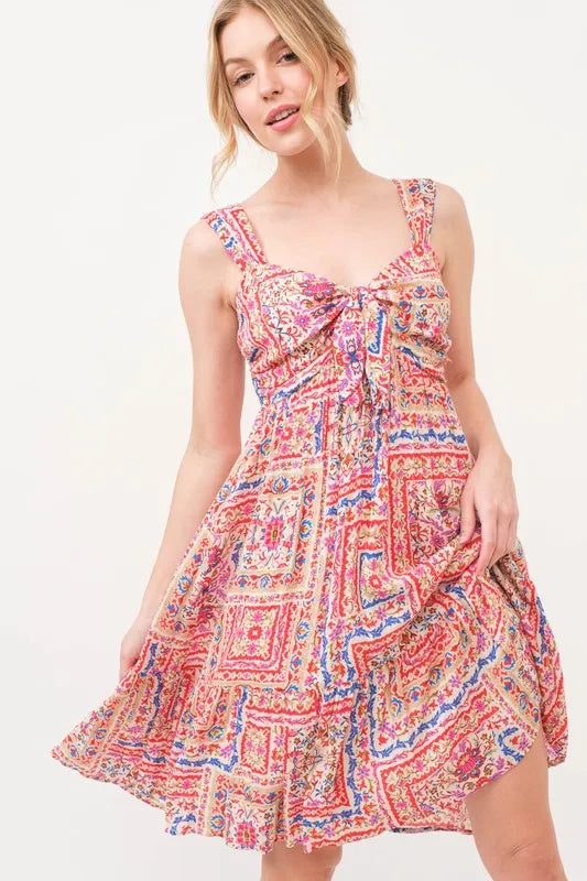 Tied Front Smocked Back Tiered Boho Printed Dress in Red Multi - product view 5