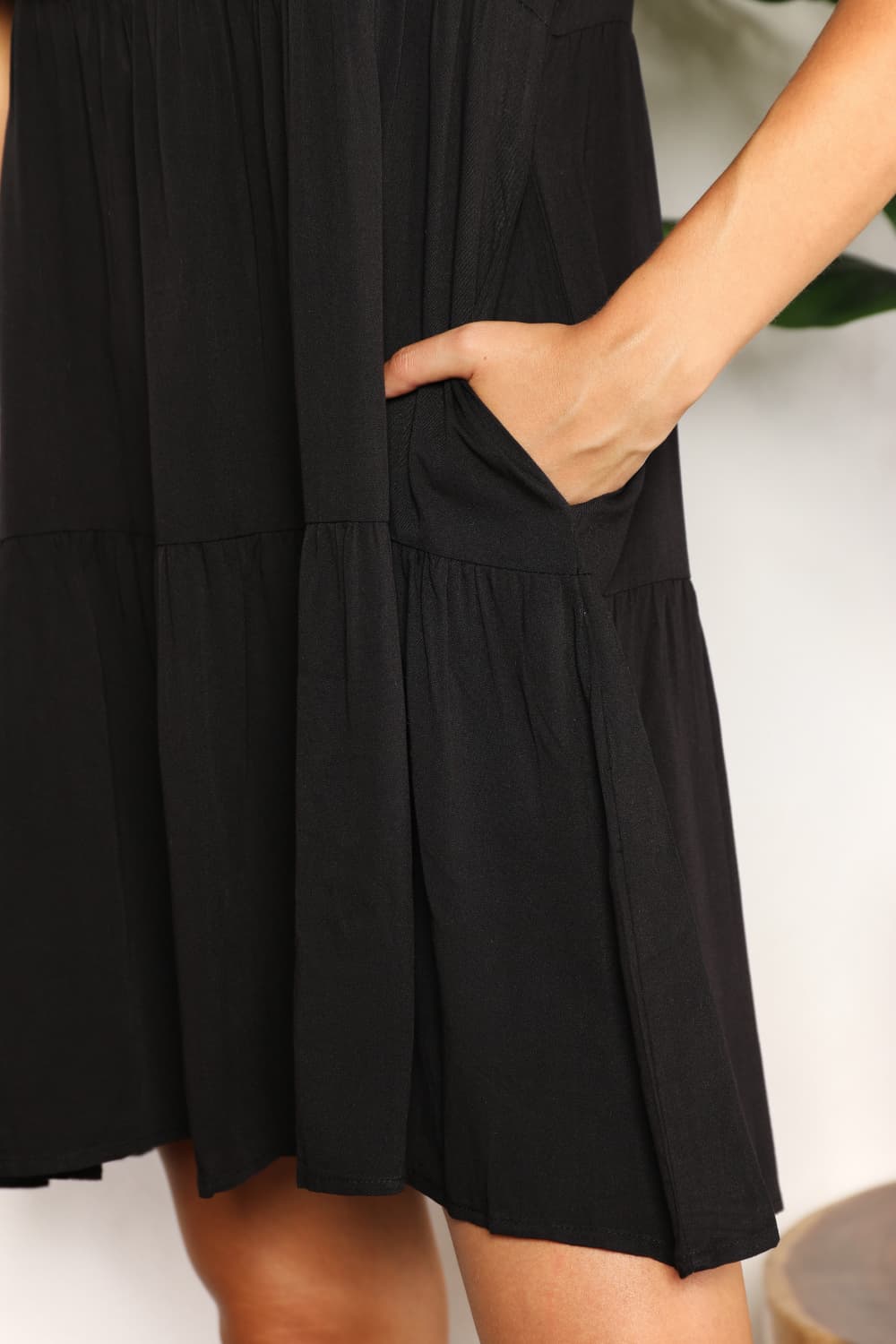 V-Neck Flounce Sleeve Tiered Dress in Dark Blue and Black - product view 18