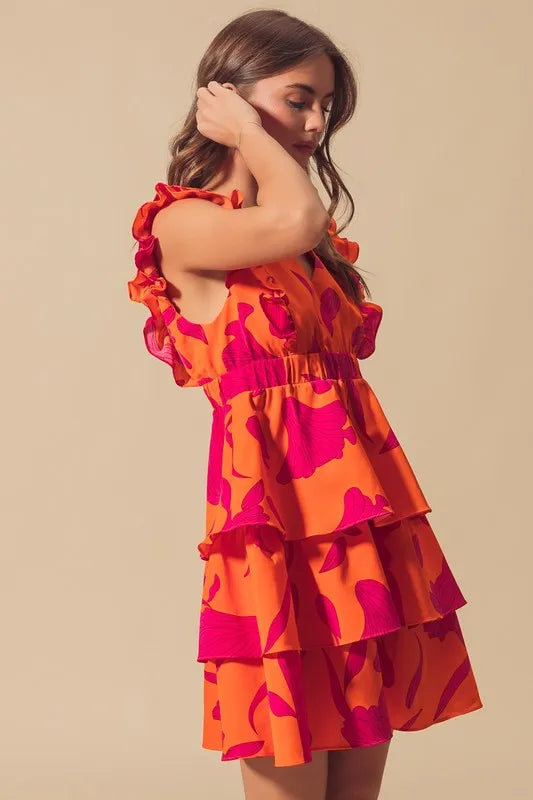 Floral V Neck Layered Dress with Elasticized Waist in Orange/Fuchsia - product view 16
