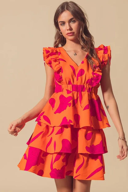Floral V Neck Layered Dress with Elasticized Waist in Orange/Fuchsia - product view 4