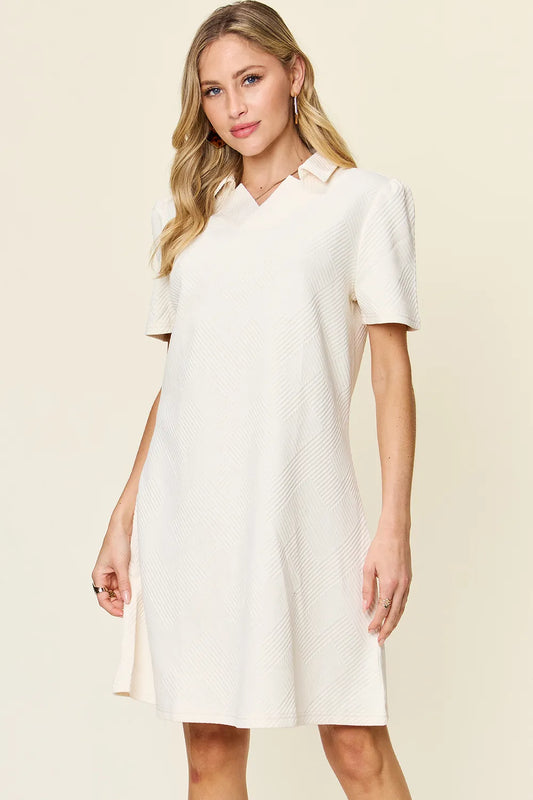Full Size Texture Collared Neck Short Sleeve Dress in White, Lavender and more - product view 1