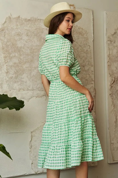 Checkered Puff Sleeve Tiered Shirt Dress in Green - product view 3
