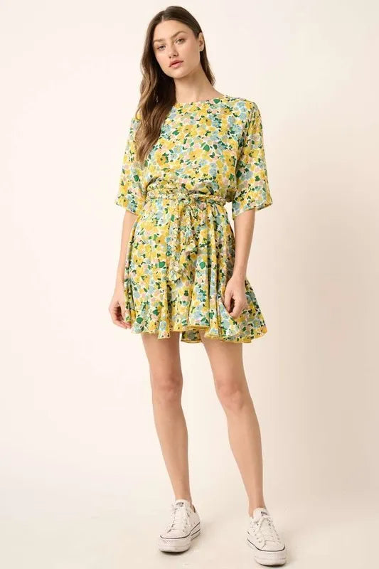 Floral Tie Waist Half Sleeve Mini Dress in Yellow Combo - product view 5