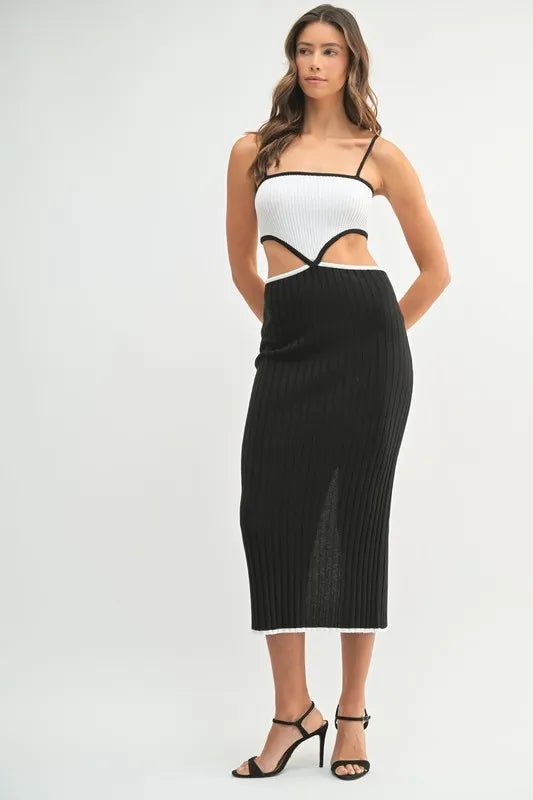 Ribbed Knit Color Block Cutout Midi Dress - Black - product view 1
