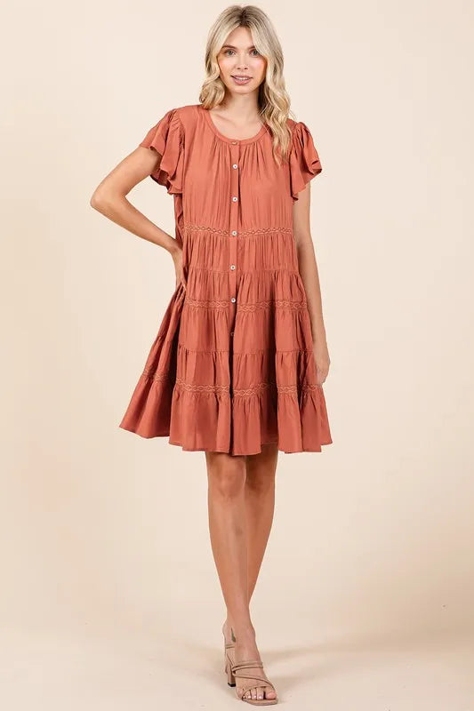 Lace Detail Ruffled Button Down Tiered Dress - Pumpkin - product view 6