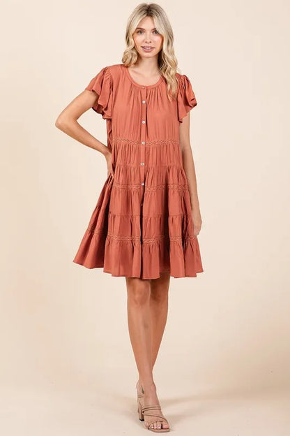 Lace Detail Ruffled Button Down Tiered Dress - Pumpkin - product view 6