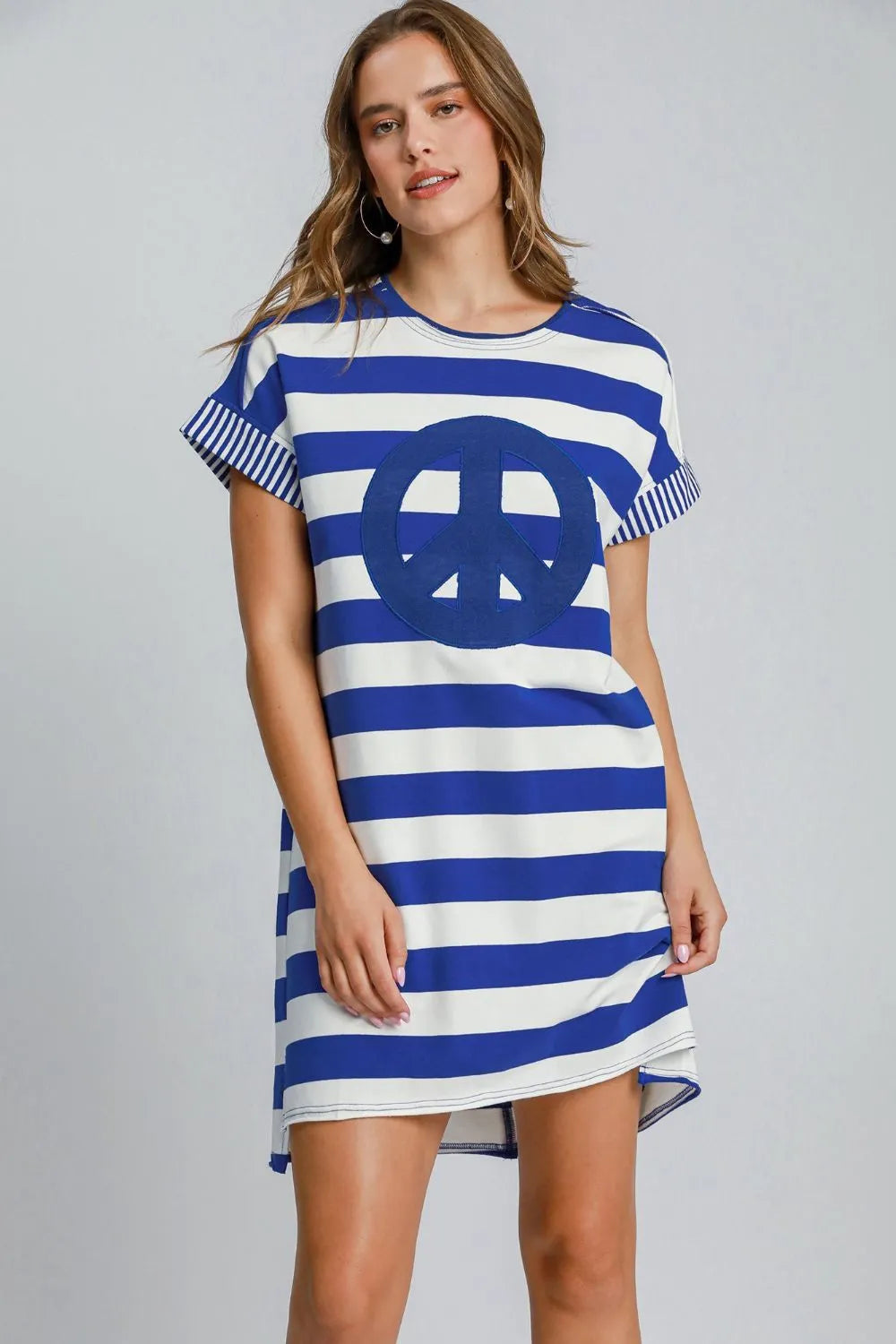 Peace Applique Striped Short Sleeve Mini Dress - Royal Blue - product view 1