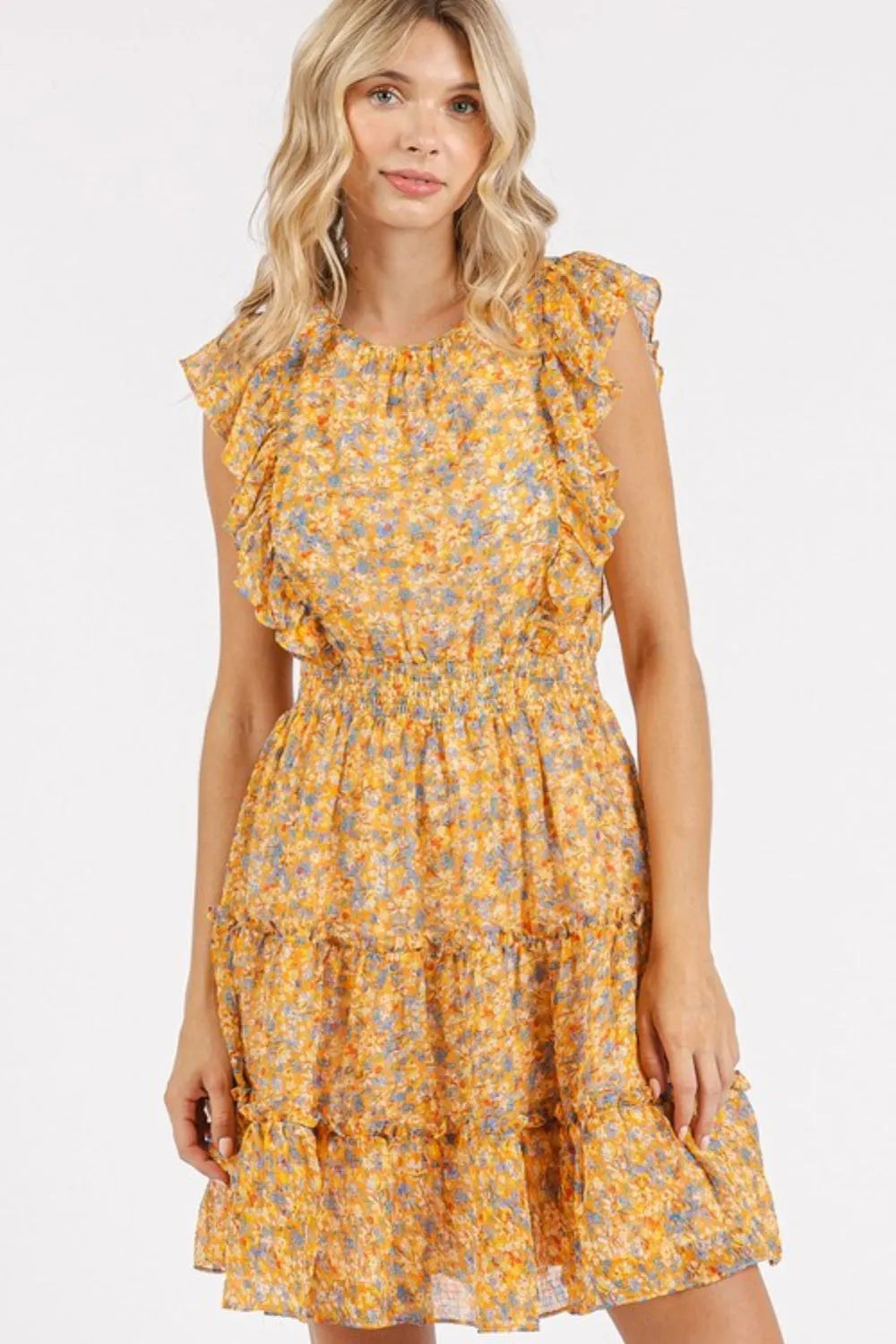 Ditsy Floral Print Ruffle Chiffon Mini Dress in Tangerine - product view 3
