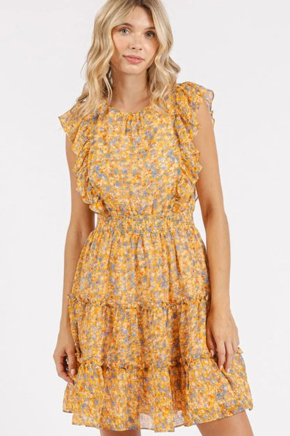 Ditsy Floral Print Ruffle Chiffon Mini Dress in Tangerine - product view 3