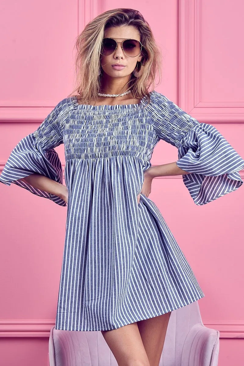 Smocked Off Shoulder Striped Dress - Denim - product view 11