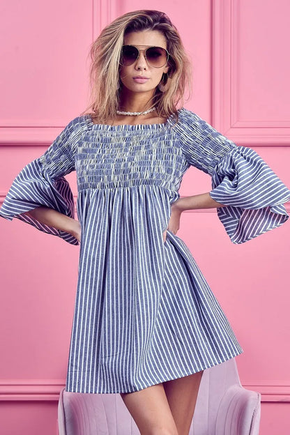 Smocked Off Shoulder Striped Dress - Denim - product view 11