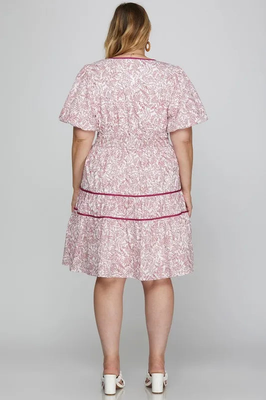 Full Size Printed V-Neck Puff Sleeve Tiered Dress Plus Size - Berry - product view 6