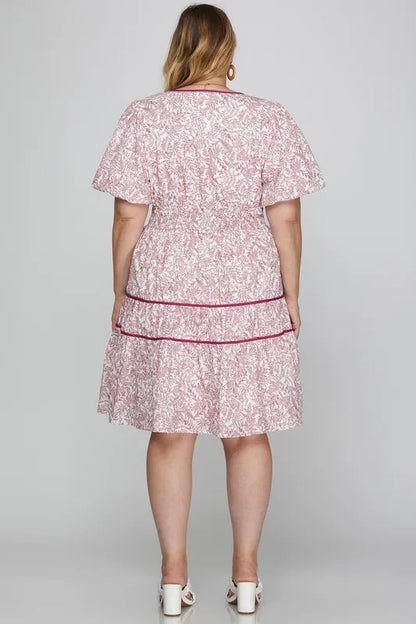 Full Size Printed V-Neck Puff Sleeve Tiered Dress Plus Size - Berry - product view 6