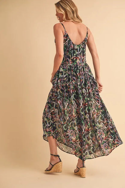Printed V-Neck Frill Tiered Cami Dress in Black Multicolor - product view 8