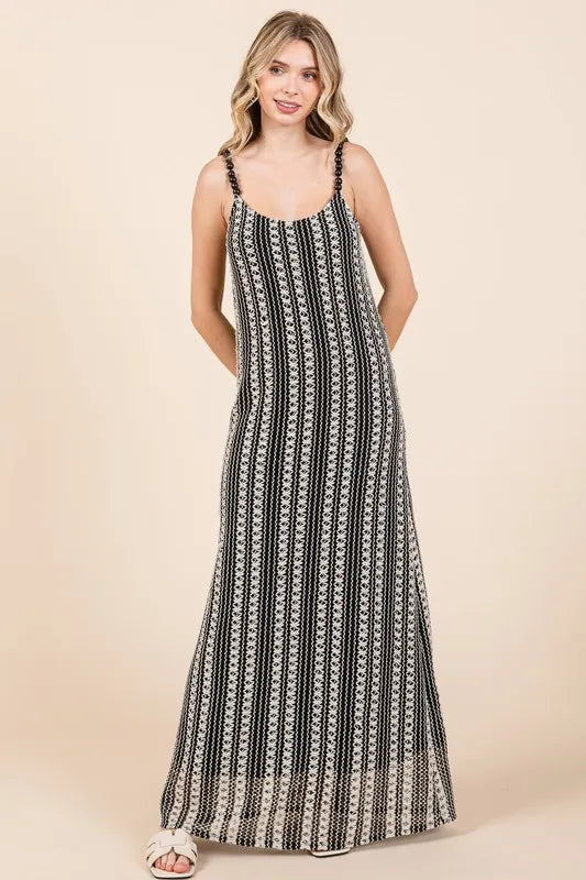 Plus Size Striped Scoop Neck Beaded Strap Maxi Cami Dress in Black - product view 2
