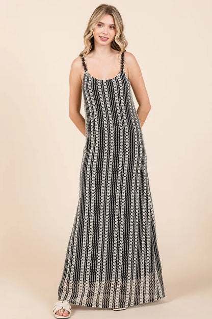 Plus Size Striped Scoop Neck Beaded Strap Maxi Cami Dress in Black - product view 2
