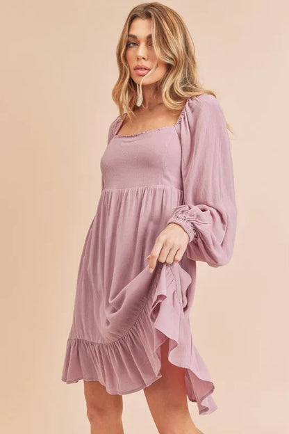 Ruffled Hem Square Neck Balloon Sleeve Mini Dress - Moonlit Mauve - product view 2
