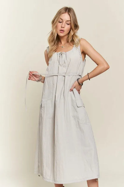 Drawstring Slit Back Cargo Dress - Lt Grey - product view 3