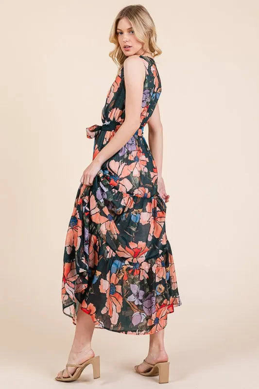 Floral Print Sleeveless Tie Waist Maxi Dress in Multi - product view 2