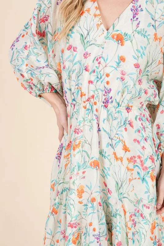 Floral Cinched Waist Balloon Sleeve V-Neck Dress in Ivory Floral - product view 4