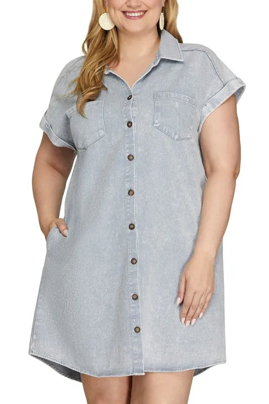 Full Size Folded Cuff Button Down Washed Twill Shirt Dress Plus Size - Blue Grey - product view 2