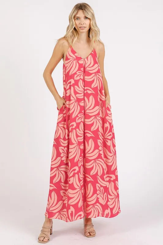 Printed V-Neck Maxi Cami Dress with Pockets - Strawberry - product view 2