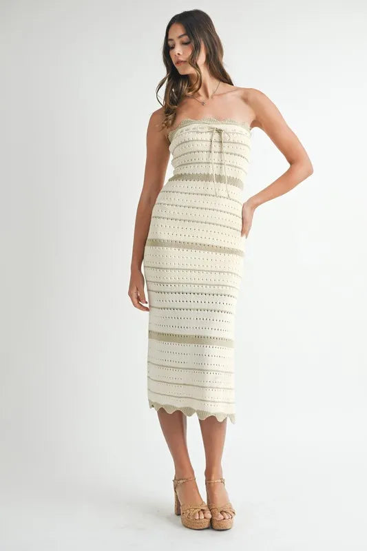 Contrast Striped Crochet Knit Midi Dress in Lt Taupe - product view 1