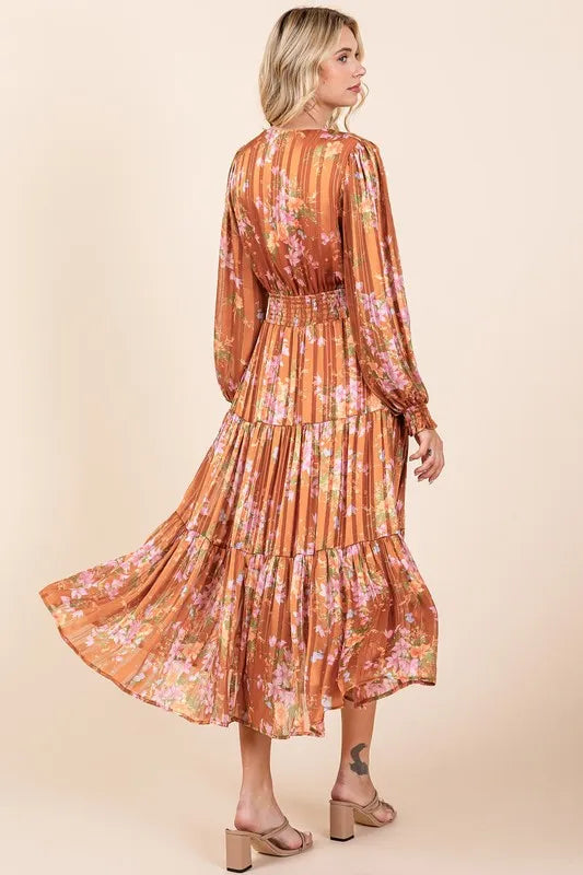 Flower Print Satin Lurex Stripe Smocked Midi Dress in Terracotta - product view 9