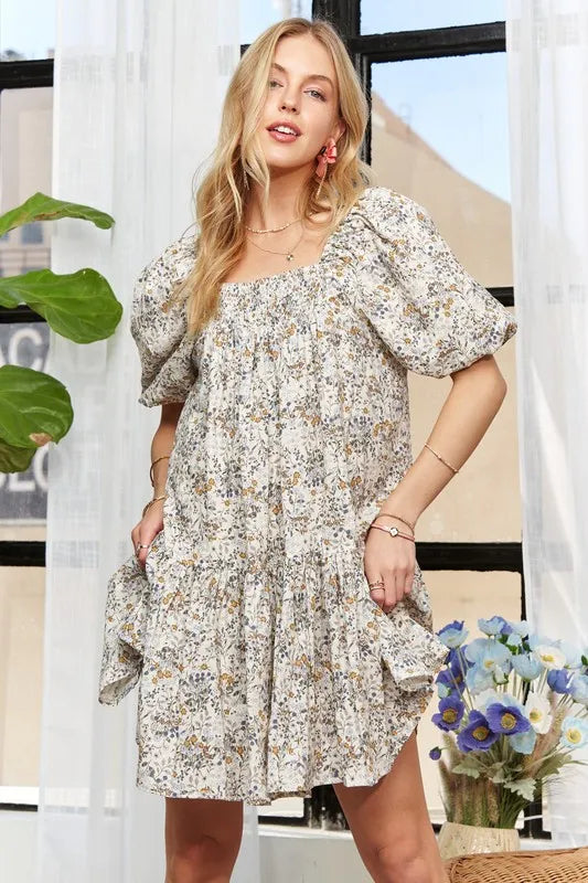 Floral Square Neck Puff Sleeve Dress - Light Blue - product view 3