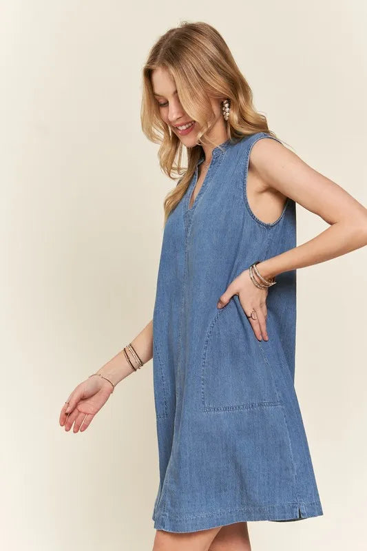 Notched Sleeveless Denim Dress with Pockets in Medium - product view 6