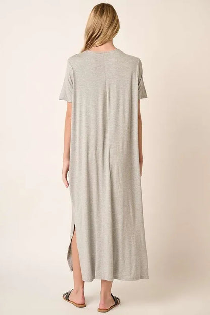 Side Slit Round Neck Short Sleeve Dress in Heather Grey - product view 2