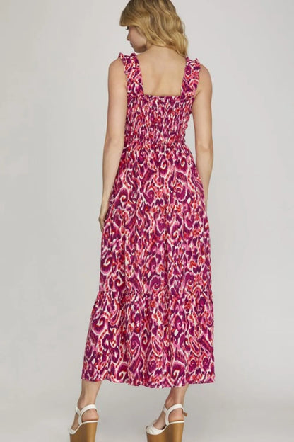 Full Size Smocked Printed Wide Strap Tiered Dress Plus Size - Deep Rose - product view 2