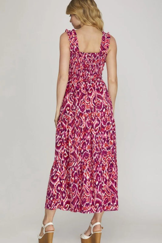 Full Size Smocked Printed Wide Strap Tiered Dress Plus Size - Deep Rose - product view 2