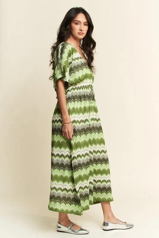 Multi Color Wavy Tie Waist Flowy Sleeve Dress - Sage Multi - product view 6