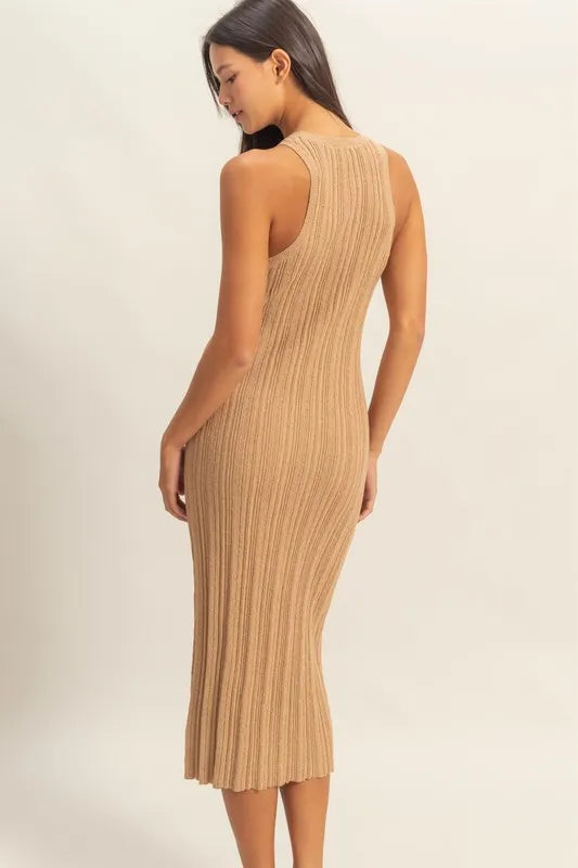Round Neck Bodycon Ribbed Knit Dress - Dark Taupe - product view 4