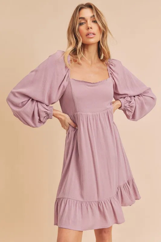 Ruffled Hem Square Neck Balloon Sleeve Mini Dress - Moonlit Mauve - product view 1