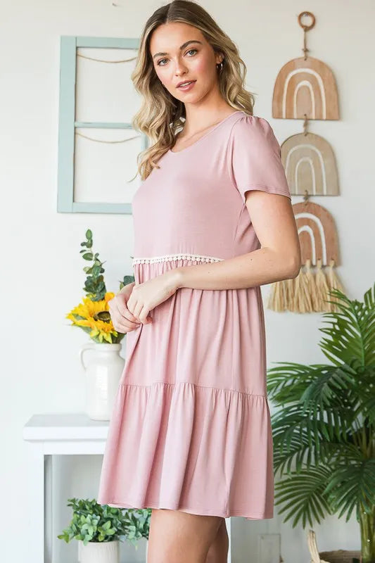 Full Size Solid Mini Tiered Dress with Pompom Lace Plus Size in Dusty Rose - product view 9