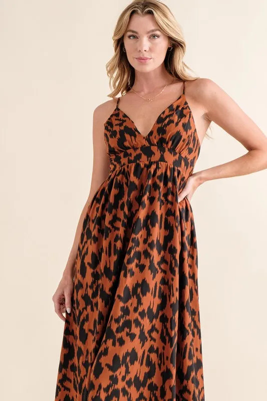 Leopard Print Plunge Maxi Dress in Brown - product view 4