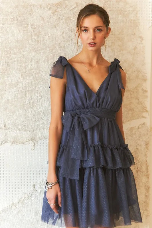 Tie Shoulder Polka Dot Mesh Dress in Dark Navy - product view 2