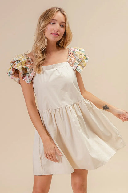 Flower Embroidered Floral Print Sleeve Dress in Oatmeal - product view 8