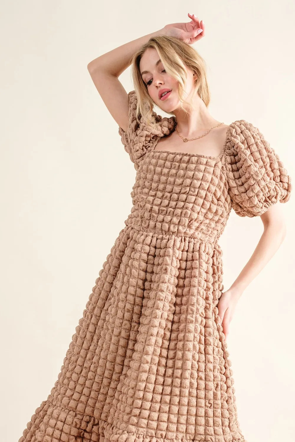 Full Size Square Neck Puff Sleeve Dress in Latte - product view 3
