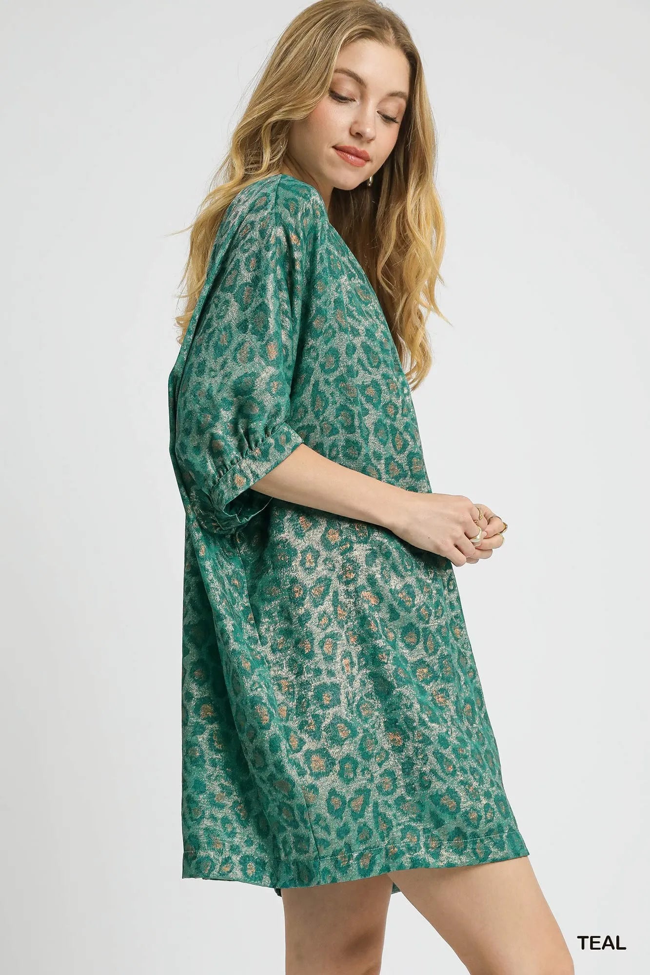 Metallic Leopard Print V-Neck Kimono Dress - Teal - product view 2