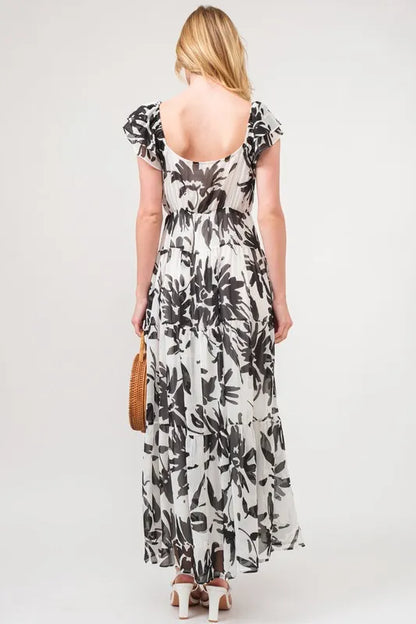 Ruffled Sleeve Tiered Floral Print Maxi Dress in Black Cream - product view 2