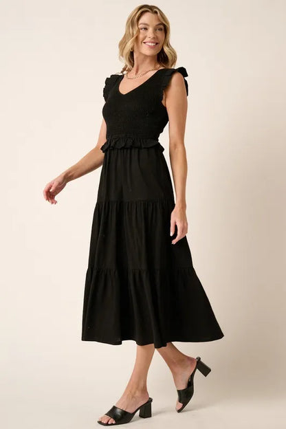 Smocked Ruffled Tiered Midi Dress in Black - product view 4