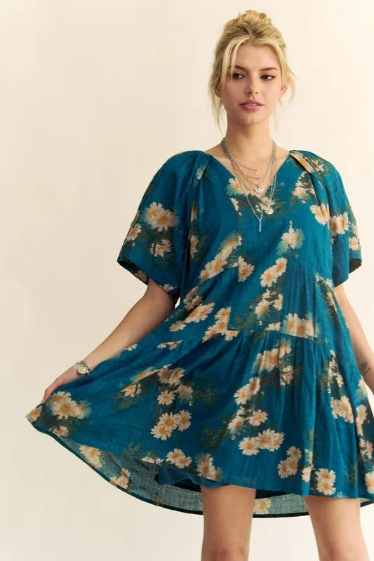 Floral Print Short Bell Sleeve Pleated Mini Dress in Teal Blue - product view 2