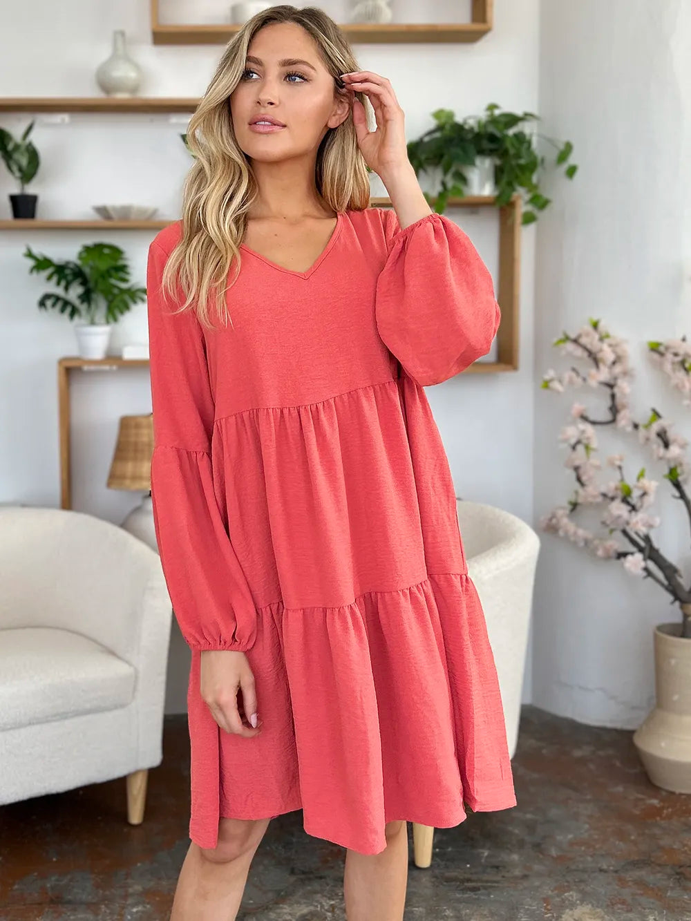 Full Size V-Neck Balloon Sleeve Tiered Dress with Pockets in Light Green, Pink and more - product view 20