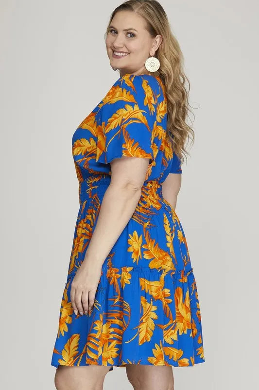 Full Size Printed Notched Short Sleeve Frill Tiered Dress Plus Size - Royal Blue - product view 3